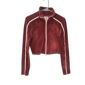Vintage Y2K Womens Velour Cropped Jacket Wine Rust Red Track Jacket Size Small
